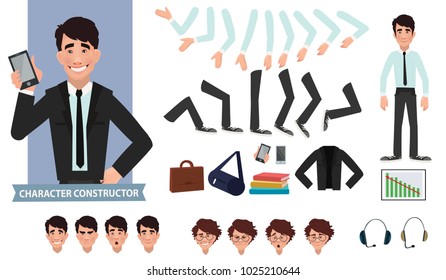 Business man cartoon character creation set. Young handsome smiling businessman in office style clothes. Build your personal design - stock vector