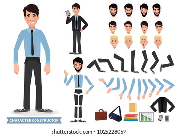 Business Man Cartoon Character Creation Set. Young Handsome Smiling Businessman In Office Style Clothes. Build Your Personal Design - Stock Vector