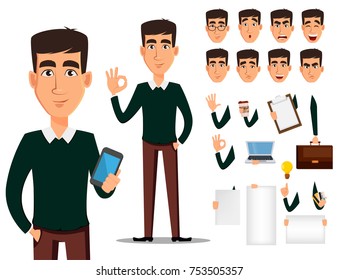 Business man cartoon character creation set. Young handsome smiling businessman in smart casual clothes. Build your personal design - stock vector