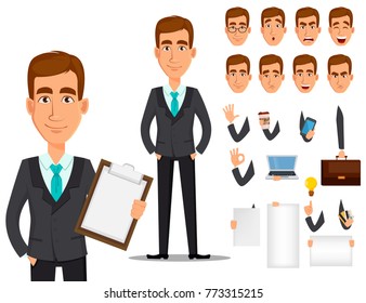 Business Man Cartoon Character Creation Set. Young Handsome Smiling Businessman In Business Suit. Build Your Personal Design - Stock Vector