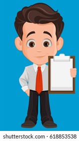 Business man cartoon character. Cute young businessman in office clothes holding blank clipboard. Vector illustration