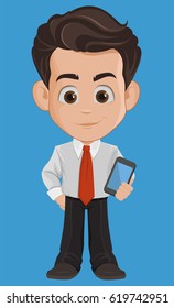 Business man cartoon character. Cute young businessman in office clothes holding smartphone. Vector illustration