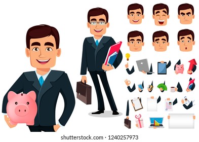 Business Man Cartoon Character In Formal Suit, Pack Of Body Parts, Emotions And Things. Build Your Personal Design. Handsome Businessman. Manager, Banker. Vector Illustration