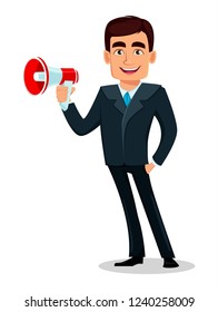 Business man cartoon character in formal suit. Handsome businessman holds loudspeaker. Manager, banker. Vector illustration