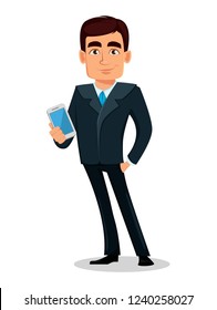Business man cartoon character in formal suit. Handsome businessman holds smartphone. Manager, banker. Vector illustration