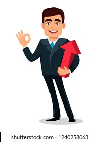 Business man cartoon character in formal suit. Handsome businessman holds red arrow and shows ok sign. Manager, banker. Vector illustration