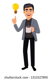 Business man cartoon character. Handsome businessman having a good idea. Vector illustration on white background