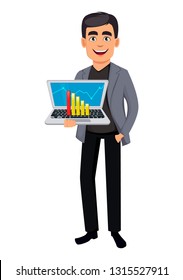 Business man cartoon character. Handsome businessman holding laptop. Vector illustration on white background