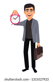 Business man cartoon character. Handsome businessman holding alarm clock and suitcase. Vector illustration on white background