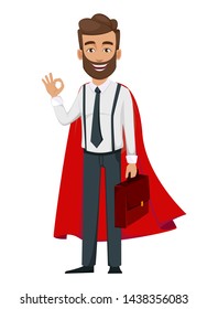 Business man cartoon character. Handsome bearded businessman in superhero cloak. Vector illustration