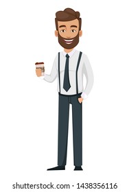 Business man cartoon character. Handsome bearded businessman holding coffee. Vector illustration