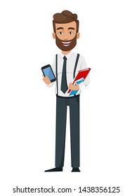 Business man cartoon character. Handsome bearded businessman holding smartphone and documents. Vector illustration