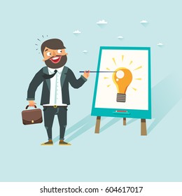 Business man cartoon character has an idea for startup. Businessman making a presentation. Colorful vector illustration in flat style.