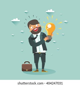 Business man cartoon character have an idea for startup and holding Eureka lamp. Selling startup ideas. Colorful vector illustration in flat style