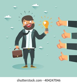 Business man cartoon character have an idea for startup and holding Eureka lamp. Selling startup ideas. Colorful vector illustration in flat style