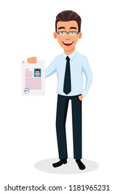 Business man cartoon character holding resume. Young handsome smiling businessman in office style clothes - stock vector