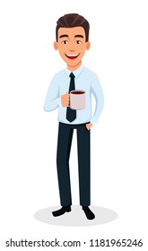 Business man cartoon character holding a cup of tea. Young handsome smiling businessman in office style clothes - stock vector