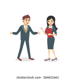 Business man cartoon character. male and female coworker discussing. vector illustration