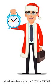 Business man cartoon character in Santa Claus costume. Handsome businessman holding alarm clock. Vector illustration on white background