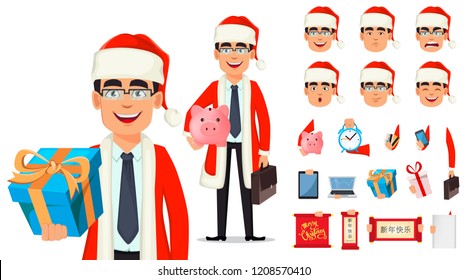 Business man cartoon character in Santa Claus costume. Pack of body parts, emotions and things. Build your personal design. Vector illustration. 