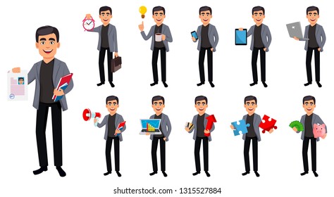 Business man cartoon character, set of eleven poses. Handsome businessman. Vector illustration on white background