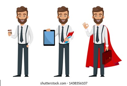 Business man cartoon character, set of three poses. Handsome bearded businessman holding coffee, holding tablet and wearing superhero cloak. Vector illustration