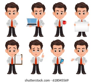 Business man cartoon character. Set of eight illustrations. Cute young businessman in office clothes. Business character, manager, office concierge. Vector illustration