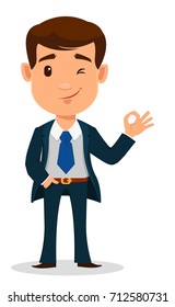 Business man cartoon character in smart clothes, office style. Young handsome businessman in suit showing OK sign. Vector illustration.