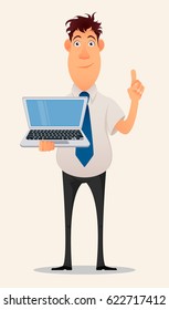 Business man cartoon character. Smiling businessman in office shirt and trousers holding laptop and showing pointing gesture, having idea - stock vector