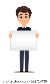 Business man cartoon character. Young handsome smiling businessman in smart casual clothes holding blank banner - stock vector