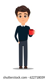 Business man cartoon character. Young handsome smiling businessman in smart casual clothes with cup of hot coffee, having a rest while coffee-break - stock vector