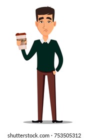 Business man cartoon character. Young handsome sad businessman in smart casual clothes holding a cup of coffee. Stock vector