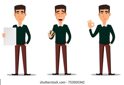 Business man cartoon character. Young handsome smiling businessman in smart casual clothes showing blank placard, holding credit cards and making ok gesture. Set of three illustrations. Stock vector