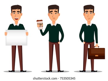 Business man cartoon character. Young handsome smiling businessman in smart casual clothes with briefcase, with placard and with cup of coffee. Set of three illustrations.  Stock vector