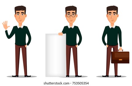 Business man cartoon character. Young handsome smiling businessman in smart casual clothes. Set of three illustrations. Stock vector