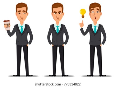 Business man cartoon character. Young handsome smiling businessman in business suit with coffee, standing straight and having an idea. Set. Vector illustrations