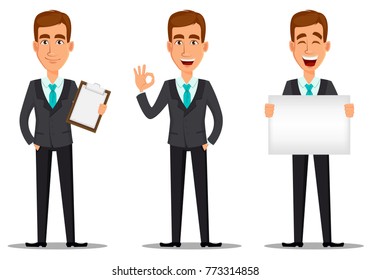 Business man cartoon character. Young handsome smiling businessman in business suit with clipboard, showing ok sign and holding blank placard. Set. Vector illustration