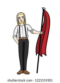 Business man cartoon character,person Hold the red flag with Winner Concept ,vector illustration, Success personnel , peak man art work design with confidence face, male Standing and hold victory.