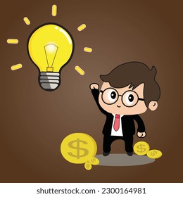 Business man cartoon characters with moneys and light blub. Concept of new idea, thinking, innovation, creative idea for project, business, start up. Business idea, plan strategy and solution concept.