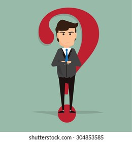 Business man cartoon characters with question mark. thinking of choice