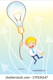 Business man cartoon fly with Idea, lightbulb