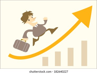 Business man cartoon run on graph for success in Sales, leader concept 
