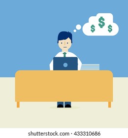Business man cartoon working and thinking about money