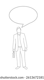 Business Man with Case and Speech Bubble Line Art Isolated. People talking and other activities at work