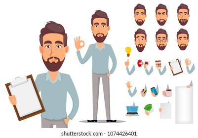 Business man in casual clothes. Businessman cartoon character creation set, pack of body parts and emotions. Vector illustration on white background