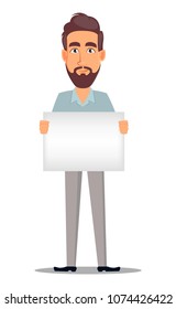 Business man in casual clothes. Businessman cartoon character holding big blank placard. Vector illustration on white background