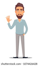 Business Man In Casual Clothes. Businessman Cartoon Character Waving Hand. Vector Illustration On White Background