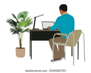 Business man in casual clothes sitting at the desk with laptop rear view. Comfrortable workplace with office armchair, table lamp and potted plant. Vector illustration isolated on white background