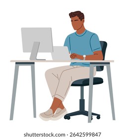 Business man in casual clothes sitting at a desk with computer monitor and laptop. Vector illustration  isolated on white background. Modern workplace and relaxed professional style