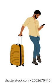 Business man in casual clothes standing with suitcase and mobile phone. Handsome bearded guy. Business travel concept flat vector illustration isolated on white background.